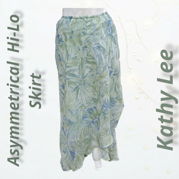 Kathy Lee Asymetrical Hi-low Chiffon Faux Wrap Skirt 10 Island Palm VGUC - Picture 1 of 14